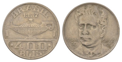 Бразилия 400 реалов 1937 Освалду Крус KM 539 медно-никель 4624-1237