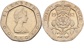 Великобритания 20 пенсов 1982 Елизавета II (1952-2022) KM 931, Spink 4230 (G1) медно-никель 4585-1114
