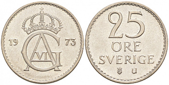 Швеция 25 эре 1973 U, Густав VI Адольф (1950-1973) KM 836 медно-никель UNC 44-118
