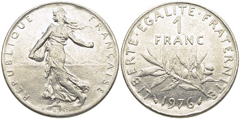 ФРАНЦИЯ 1 ФРАНК 1976 СЕЯТЕЛЬ KM 925.1, LE FRANC 226.21 никель 175-537