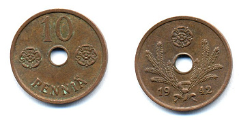 ФИНЛЯНДИЯ 10 ПЕННИ 1942 KM 33.1 медь 51-4964