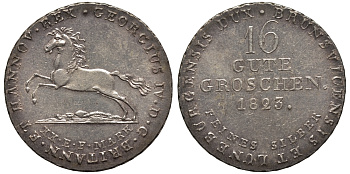 Брауншвейг-Каленберг-Ганновер 16 гутергрошенов 1823 король Георг IV (1820-1830) J 23 g, AKS 37 серебро  aUNC  11-119-17