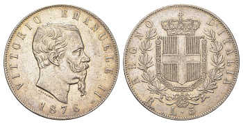 Италия 5 лир 1876 R, Виктор Эммануил II (1861-1878) KM 8.4 серебро 3896-115
