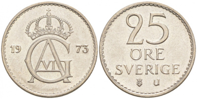 Швеция 25 эре 1973 U, Густав VI Адольф (1950-1973) KM 836 медно-никель UNC 44-118