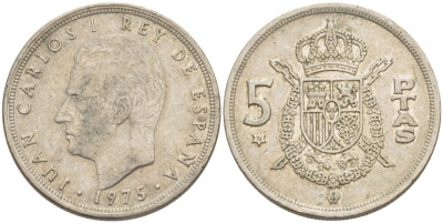 ИСПАНИЯ 5 ПЕСЕТ 1975 (76) ХУАН КАРЛОС I KM 807 медно-никель 3718-615