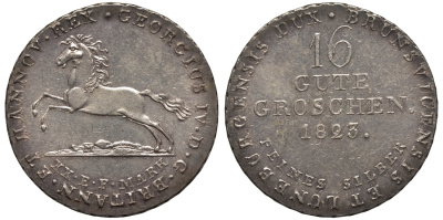 Брауншвейг-Каленберг-Ганновер 16 гутергрошенов 1823 король Георг IV (1820-1830) J 23 g, AKS 37 серебро  aUNC  11-119-17