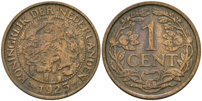 Нидерланды 1 цент 1925 Вильгельмина (1890-1948) KM 152 бронза 4576-1058