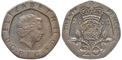 Великобритания 20 пенсов 2002 Елизавета II (1952-2022) KM 990, Spink 4630 (G3) медно-никель 4122-1136