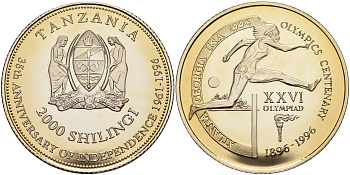 Танзания 2000 шиллингов 1996 XXVI Олимпийские игры 1996 года в Атланте, 100 лет Олимпийскому движению, бег с барьерами, пробник, рубчатый гурт медно-никель PROOF 06-135-42