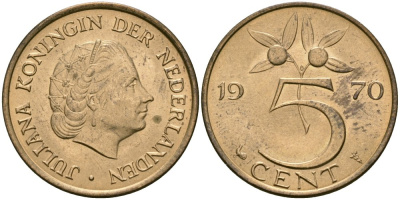 Нидерланды 5 центов 1970 Юлиана (1948-1980) KM 181 бронза 4579-627