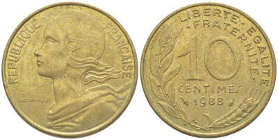 ФРАНЦИЯ 10 САНТИМОВ 1988 ТИП MARIANNE KM 929, LE FRANC 144.28 медь алюминий никель 116-267