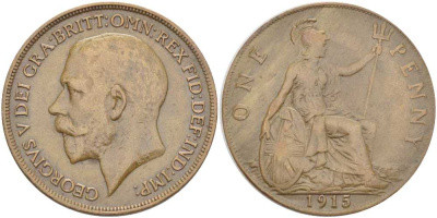Великобритания 1 пенни 1915 Георг V (1910-1936) KM 810, Spink 4051 бронза 180-115