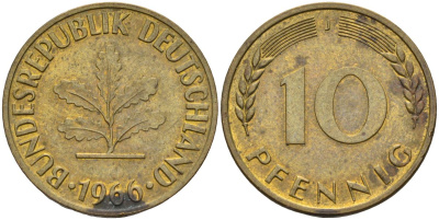 ФРГ 10 пфеннигов 1966 J KM 108 сталь плакированная латунью 4126-532