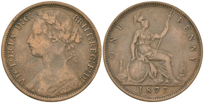 Великобритания 1 пенни 1877 Виктория (1837-1901) KM 755, Spink 3954 бронза 4590-926