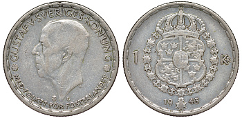 Швеция 1 крона 1943 G, Густав V (1907-1950) KM 814 серебро 4178-657