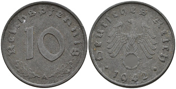 Германия 10 рейхспфеннигов 1942 A KM 101, J.371 цинк ЦАЦАЦАЦАЦ 4151-164