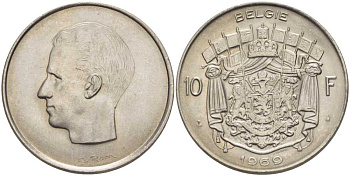 БЕЛЬГИЯ 10 ФРАНКОВ 1969 BELGIE, БОДУЭН I (1951-1993) KM 156.1 никель 38-625