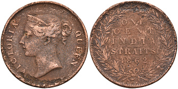 Стрейтс-Сетлментс 1 цент 1862 Виктория (1837-1901), Ост-Индская компания KM 6 медь 4590-245