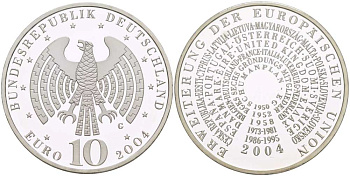 ФРГ 10 евро 2004 G, расширение Евросоюза KM 231, DE.S 10.14 серебро PROOF 1085-5-63