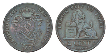 Бельгия 2 сантима 1876 Belges, Леопольд II (1865-1909) KM 35 медь 4164-1235