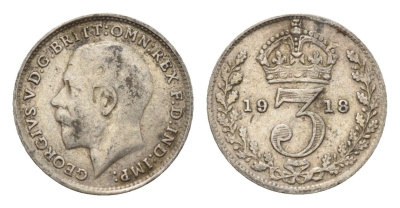 Великобритания 3 пенса 1918 Георг V (1910-1936) KM 813, Spink 4015 серебро 4644-233