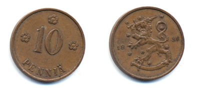 Финляндия 10 пенни 1936 республика (1918-1962) KM 24 медь 51-5523