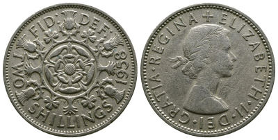 Великобритания 2 шиллинга (флорин) 1958 Елизавета II (1952-2022) KM 906, Spink 4146 медно-никель 4382-142