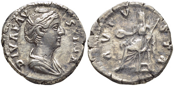 Римская Империя денарий 141 Фаустина Старшая, жена Антонина Пия (посмертная чеканка) DIVA FAVSTINA / AVGVSTA Веста, Рим Good Very fine RIC 370 серебро 1073-15-64