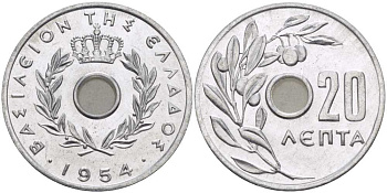 Греция 20 лепта 1954 Павел I (1947-1964), оливковая ветвь KM 79 алюминий UNC 28-426