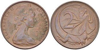 Австралия 2 цента 1966 Елизавета II (1952-), плащеносная ящерица KM 63 бронза 4519-432