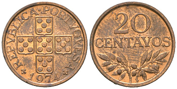 Португалия 20 сентаво 1974 KM 595 бронза UNC 4151-1043