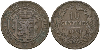 Люксембург 10 сантимов 1870 Виллем III (1849-1890) KM 23 бронза 94-325