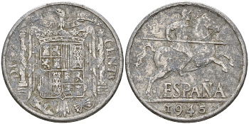 Испания 10 сентимо 1945 Франсиско Франко (1939 - 1975) KM 766 алюминий 4155-225