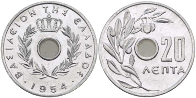 Греция 20 лепта 1954 Павел I (1947-1964), оливковая ветвь KM 79 алюминий UNC 28-426