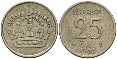 Швеция 25 эре 1958 G, Густав VI Адольф (1950-1973) KM 824 серебро 4173-1269