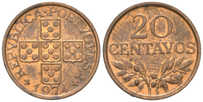 Португалия 20 сентаво 1974 KM 595 бронза UNC 4151-1043
