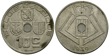 Бельгия 10 сантимов 1939 Belgie - Belgique KM 113 никель латунь 4121-747