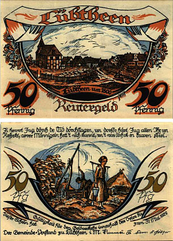 ЛЮБТЕН 50 ПФЕННИГОВ 1922 НОТГЕЛЬД, 1922 - 31 МАЯ 1922, ЗЕМЛЯ МЕКЛЕНБУРГ, ПЕРЕДНЯЯ ПОМЕРАНИЯ Grabowski 834.1 бумага 6318-40-3-1