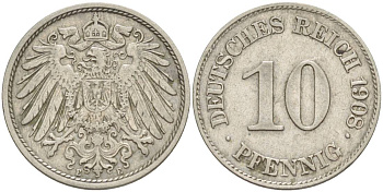 Германия 10 пфеннигов 1908 E KM 12, Jager 13, Weege 8 медно-никель 219-142