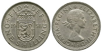 Великобритания 1 шиллинг 1958 Елизавета II (1952-2022), Шотландский герб KM 905, Spink 4148 медно-никель 4384-633