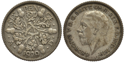 Великобритания 6 пенсов 1929 Георг V (1910-1936) KM 832, Spink 4040 серебро 4538-336