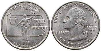 США 25 центов = квотер 1999 D, серия штаты США, Пенсильвания KM 294 медь плакированная медно-никелем 23-731