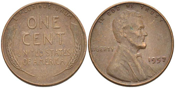 США 1 ЦЕНТ 1957 ЛИНКОЛЬН KM А132 медь цинк 3309-1164