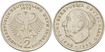 ФРГ 2 МАРКИ 1973 J, ТЕОДОР ХОЙС KM 127, J. 407 медно-никель плакированный никелем 3718-1057