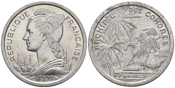 Французские Коморские острова 2 франка 1964 пальмы KM 5 алюминий UNC 87-643