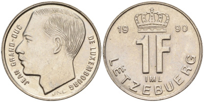 Люксембург 1 франк 1990 Герцог Жан (1964-1999) KM 63 сталь плакированная никелем 4596-845