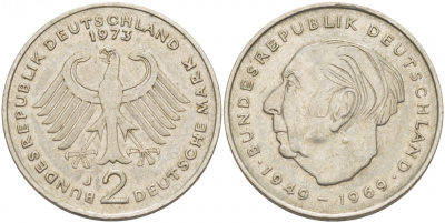 ФРГ 2 МАРКИ 1973 J, ТЕОДОР ХОЙС KM 127, J. 407 медно-никель плакированный никелем 3718-1057