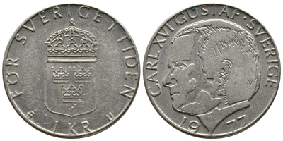 Швеция 1 крона 1977 Карл XVI Густав (1973- ) KM 852 медь плакированная медно-никелем 176-442