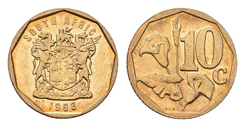ЮАР 10 центов 1998 герб, цветок алоэ KM 161 сталь плакированная бронзой UNC 4694-745