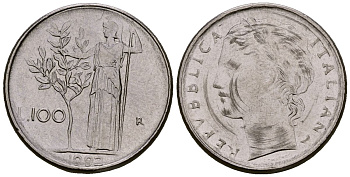 Италия 100 лир 1992 KM 96.2 нержавеющая сталь 4173-667